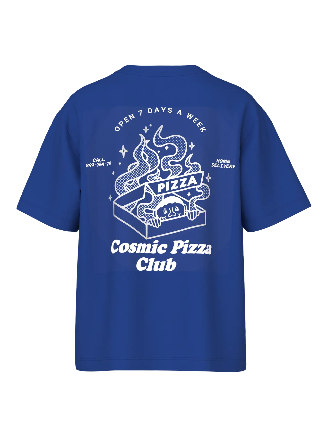 Blauw kinder T-shirt met witte print Cosmic Pizza Club en pizzadoos illustratie