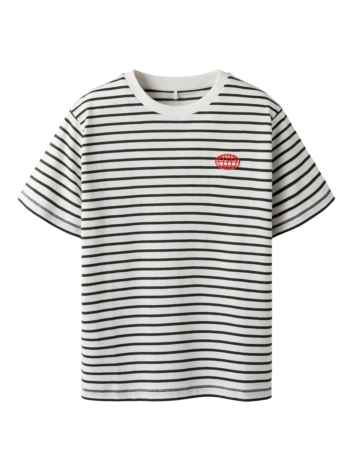 Gestreept kinder T-shirt wit met zwarte strepen en rood globe logo op de borst