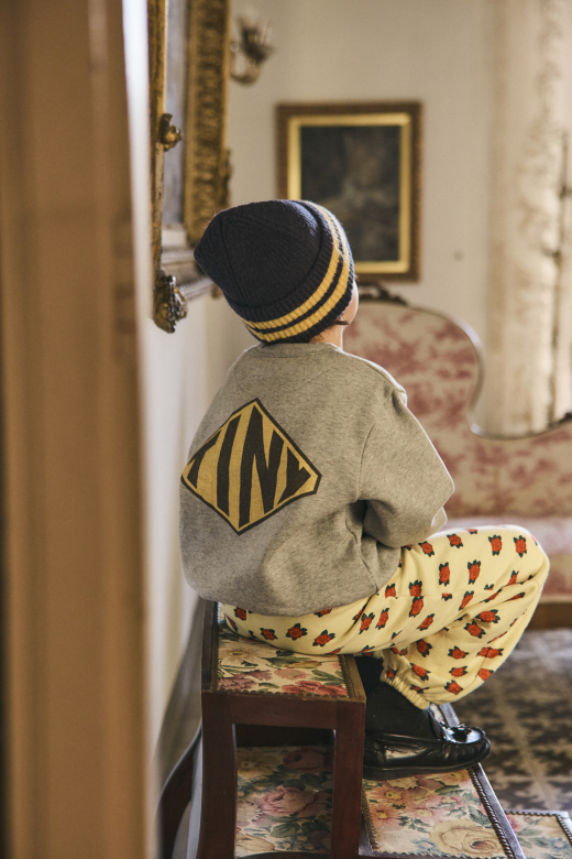 Kind draagt grijze TINY Diamond sweater met retro rugprint