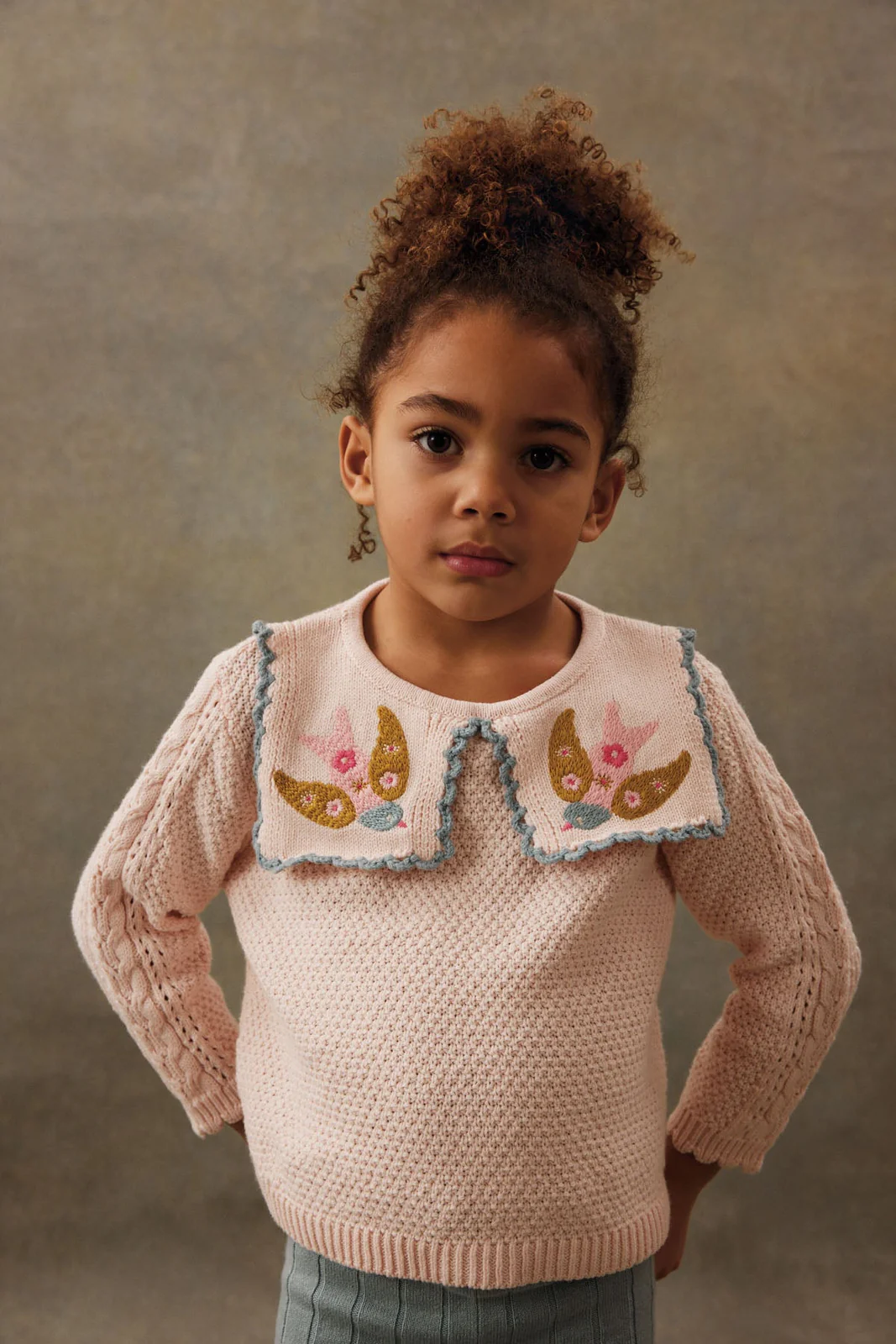 Roze trui met geborduurde kraag