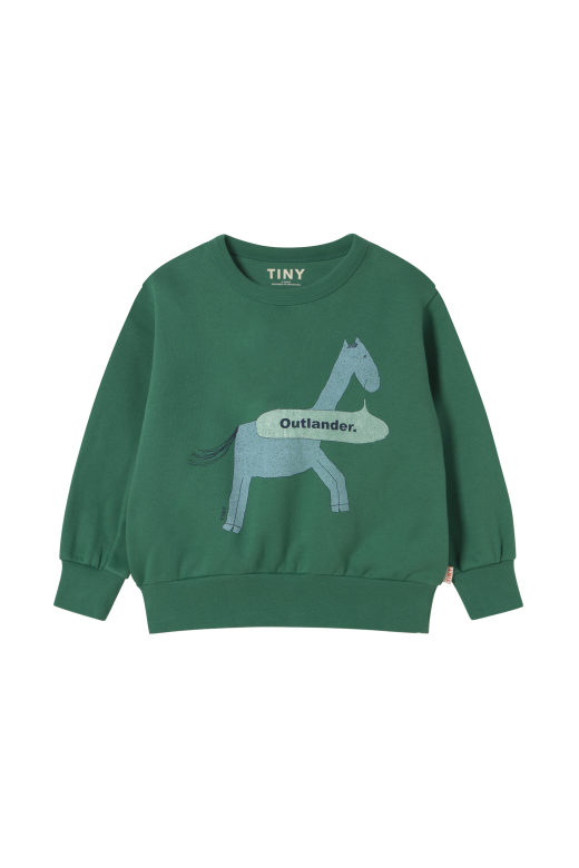 Outlander Sweatshirt – groene kindertop met illustratie van paard en tekst