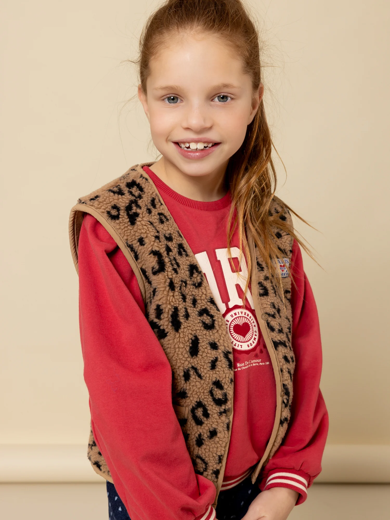 Oversized teddy gilet meisjes leopard print met fleece voering