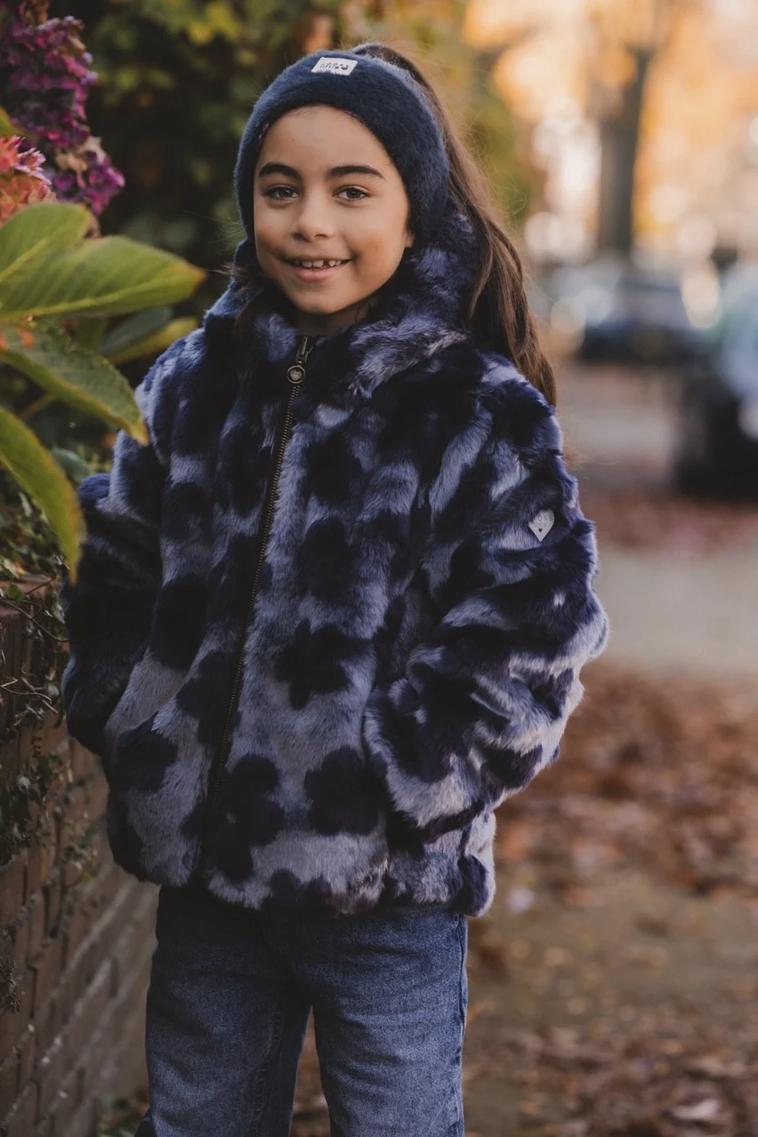Reversibel winterjas imitatiebont navy flower bomb kinderen