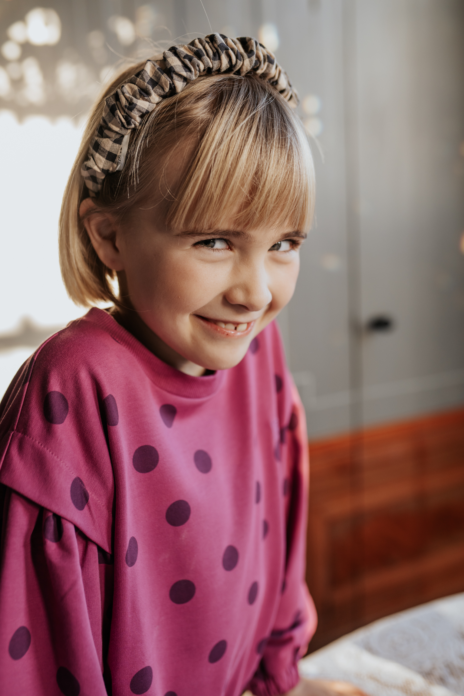 Smocked Headband Check Beige-Blue primary