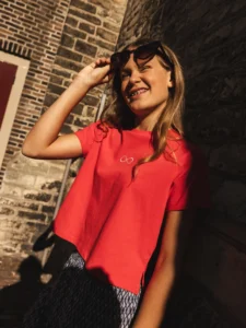 T-shirt wit rood V-hals meisje oversized backprint Looxs Teens