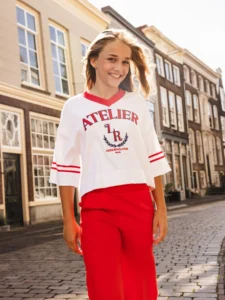 T-shirt wit rood V-hals meisje oversized Looxs Teens