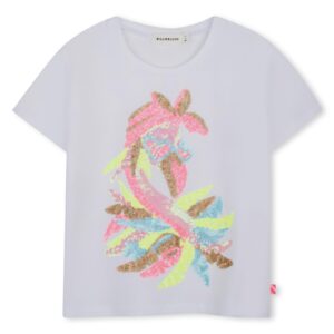 Meisjes T-shirt wit met glitterprint flamingo