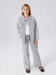 Meisjes denim blouse grijs met hartjesdetails