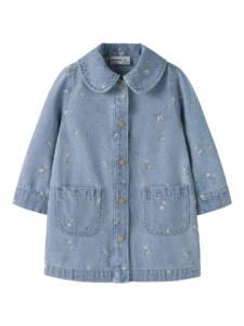 Name It lichtblauwe denim midi jurk voor meisjes met ronde kraag, knoopsluiting en geborduurde bloemetjes