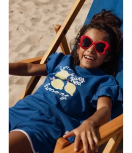 Meisjes T-shirt kobalt met ruffle mouwen en print Looxs Little